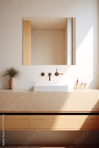 Terrazzo Tranquility  A Minimalist Oasis with White Sink in Modern Bathroom