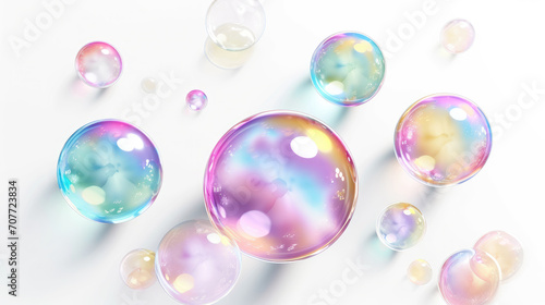 Iridescent soap bubbles floating on white background