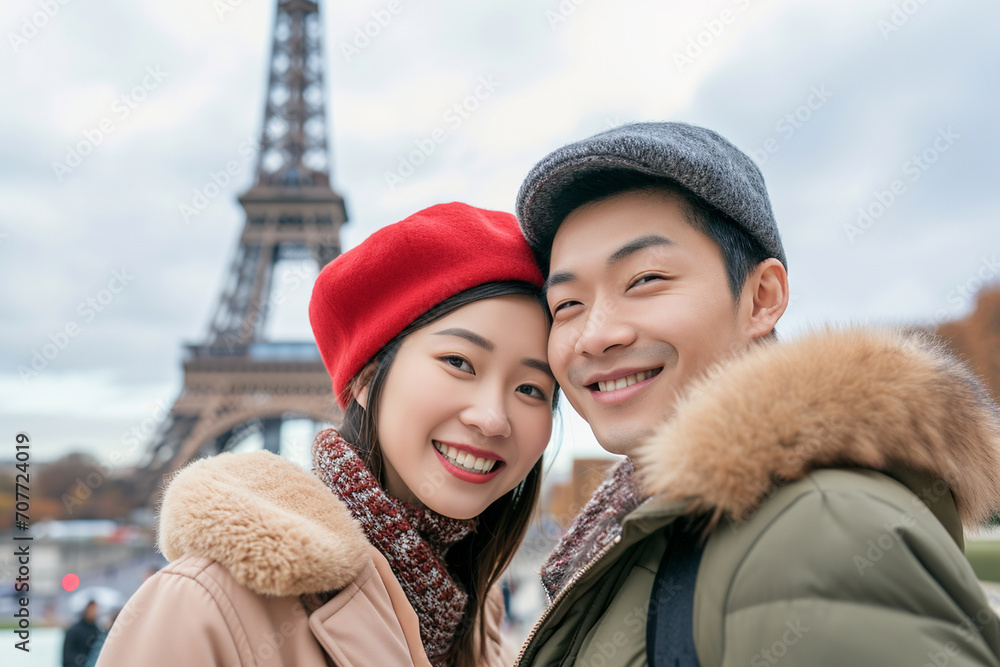 Asian couple travel in Paris. 