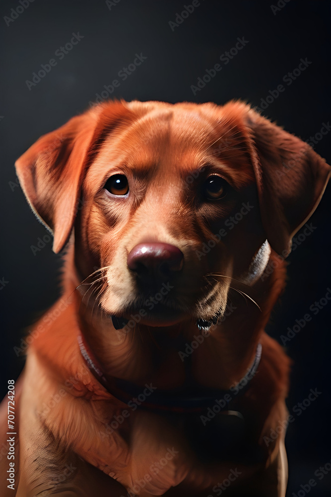 Close-up portrait of a cute dog on a dark background.