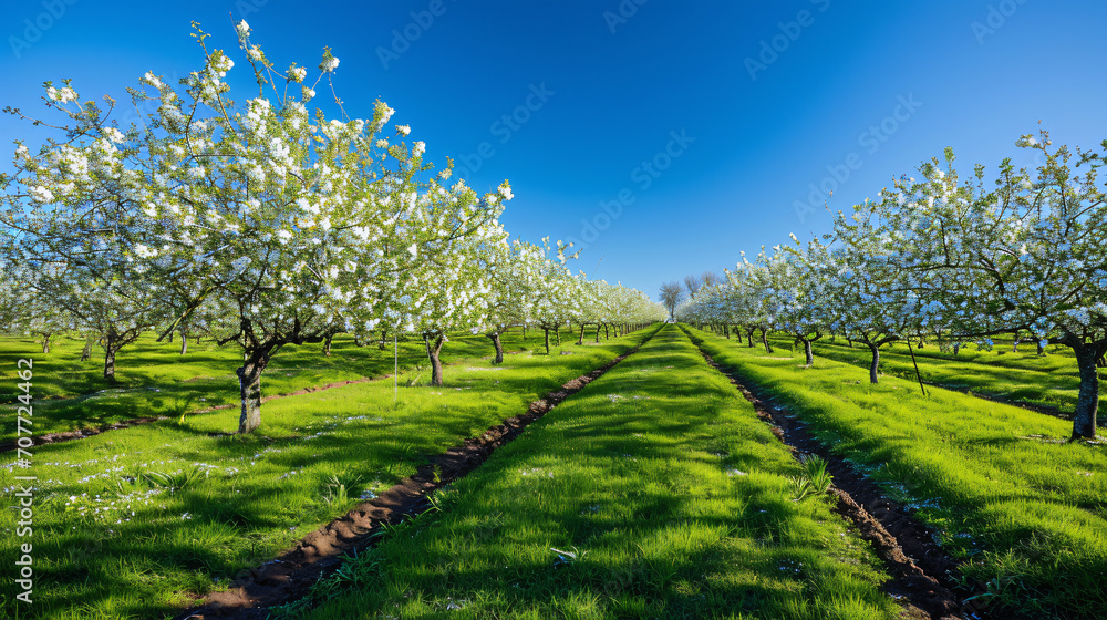 An orchard in full bloom with rows of fruit trees and a clear blue sky.