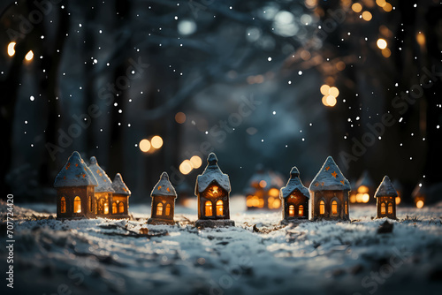 Christmas Winter Background, A Group Of Small Lit Houses With Snow On Them