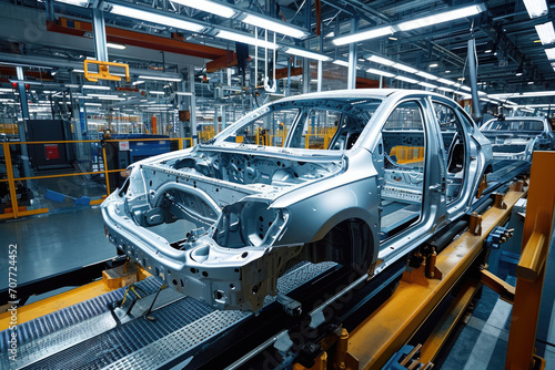 Car production line showing vehicle chassis and factory equipment