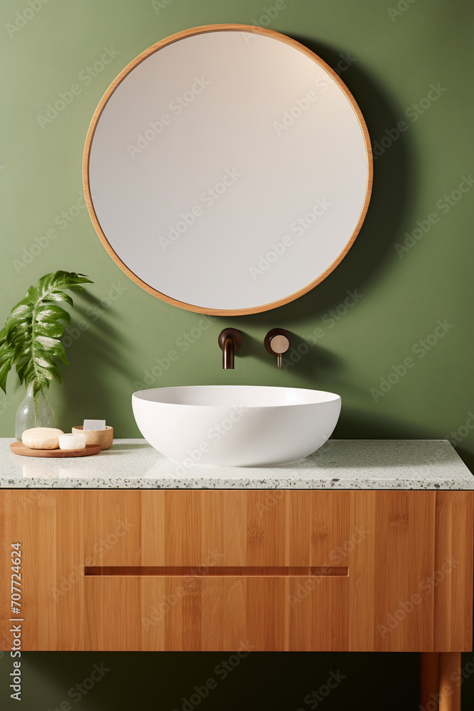 Simplicity in Serenity: Round Vessel Sink on Green Terrazzo Counter in Modern Bath