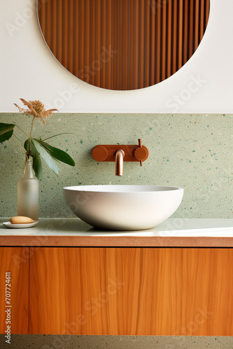 Simplicity in Serenity: Round Vessel Sink on Green Terrazzo Counter in Modern Bath