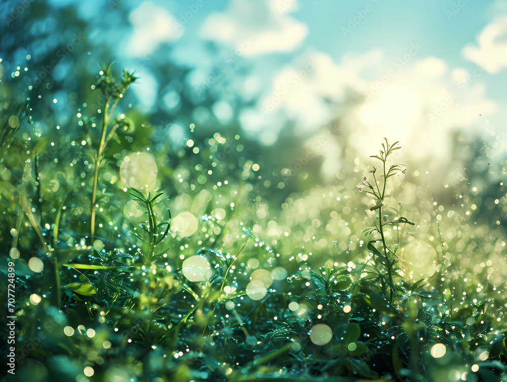 Beautiful Blurred Background Of Spring Nature, A Close Up Of Grass And Water Drops Beautiful Blurred Background Of Spring Nature, A Close Up Of Grass And Water Drops