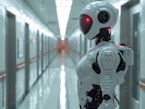 Human robot stands in hospital corridor blending technology with healthcare environment
