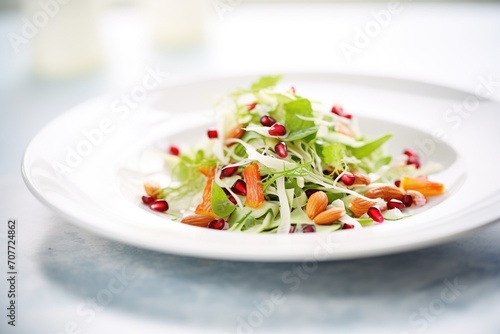 salad with pomegranate seeds, focus on texture