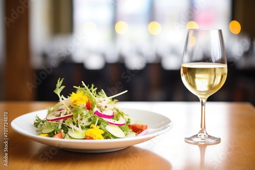 side angle of salad, glass of white wine beside