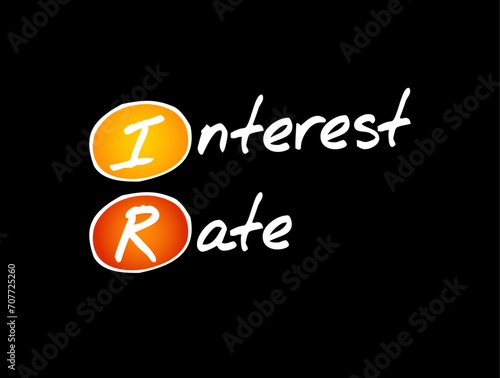 IR Interest Rate - amount of interest due per period, as a proportion of the amount lent, deposited, or borrowed, acronym text concept background