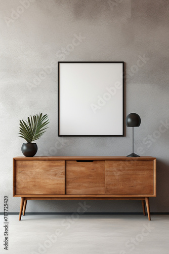 Rustic Elegance: Wooden Dresser and Blank Poster Frame in Modern Living Room