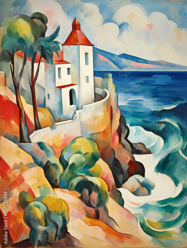 If Franz Marc Was A Photographer, A Painting Of A House On A Cliff By The Ocean