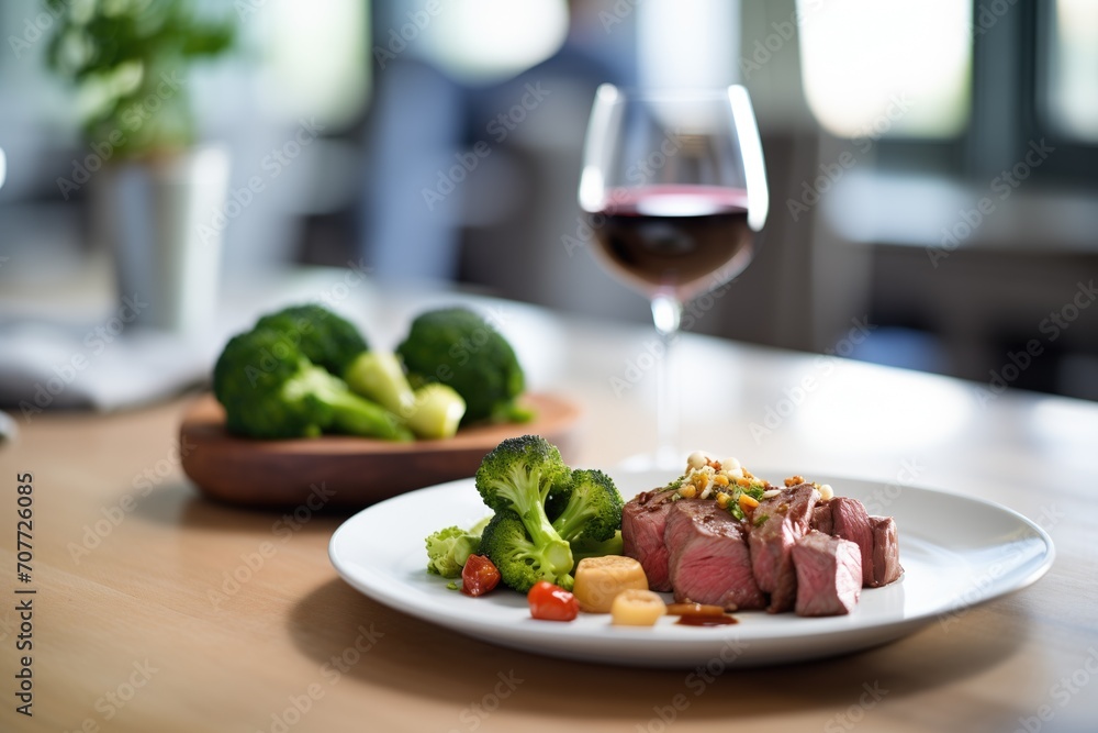 beef and broccoli with a glass of red wine on dining table