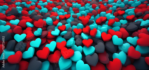 Lots of little hearts in red, turquoise and black, copy space. A Valentine's Day card or a birthday card