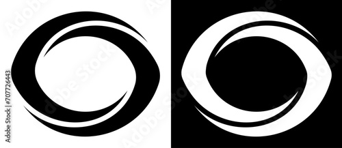 Rotating art lines in circle shape as symbol, logo or icon. Black shape on a white background and the same white shape on the black side. photo