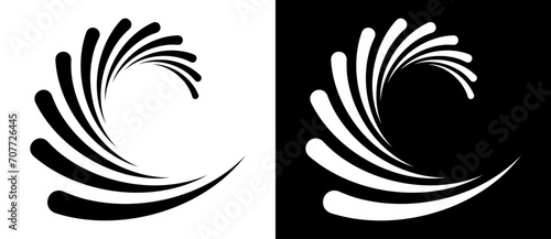 Abstract rotated lines in spiral as background. Design element for prints, logo, sign, symbol. Black shape on a white background and the same white shape on the black side.