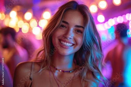 Beautiful and stylish young woman with a happy smile in the bright lights of the night city. © Iryna