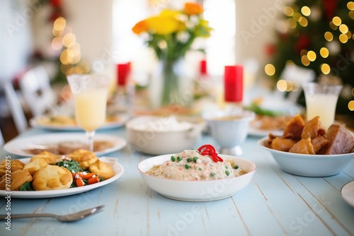 a festive brunch table with biscuits and gravy among other dishes