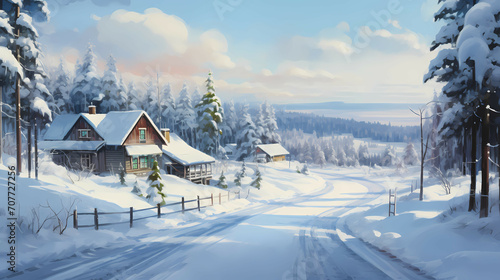 A View Of The House And Snow Covering, A Snowy Road With Houses And Trees © netsign