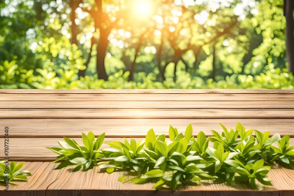 Empty wood plank table top with blur park green nature background bokeh light, Mock up for display or montage of product, Banner or header for advertise on social media, Spring and Summer concept