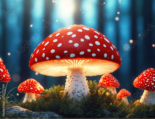 Illustration of a fly agaric mushroom in a forest with bokeh lights. 