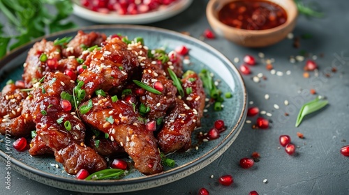 Mixed fried meat with pomegranate. Ai generative