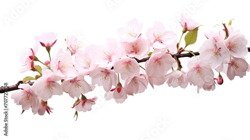 Spring sakura cherry blooming flowers bouquet. Isolated realistic pink petals, blossom, branches, leaves vector set. Design spring tree illustration, generative ai