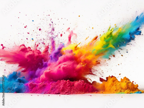 Colorful rainbow holi paint color powder explosion isolated white wide panorama background ai image