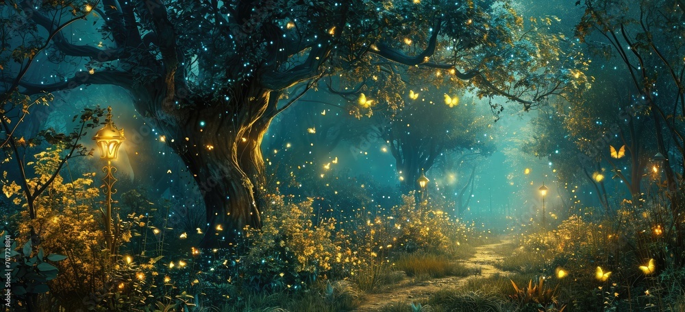 Enchanting forest path with glowing lanterns and fireflies. Magical nature scene. - obrazy, fototapety, plakaty 
