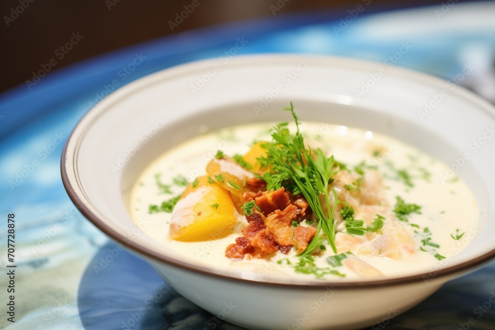 close-up of creamy chowder garnished with fresh parsley close-up of creamy chowder garnished with fresh parsley