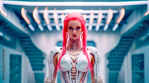 Woman with pink hair and white bodysuit standing in room with lights.