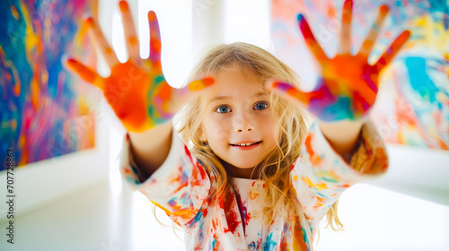 Little girl with her hands in the air with paint all over her.