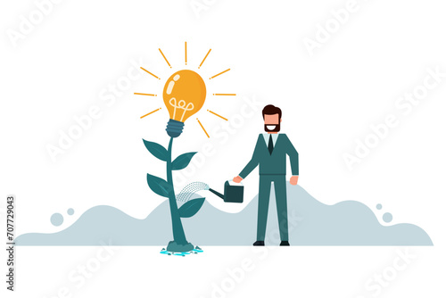 A businessman using a watering can to water a productive plant is a creativity bulb or idea bulb. Cultivating new ideas. Developing a growing business. Solving educational learning problems.