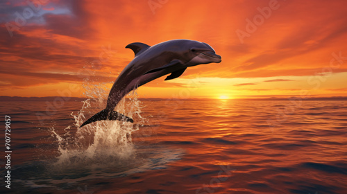 Dolphin jumping out of the water with sunset © Salman