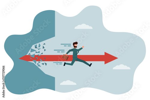 Businessmen running break the wall. Courage and motivation to break through walls. Obstacles or problems. Challenge to escape from the safe zone. Success concept. Vector illustration flat design style