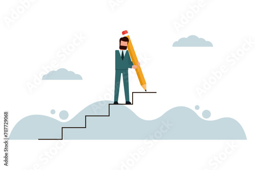 A businessman uses a large pencil to draw stairs and walks up the stairs. Stepping up the path that will lead to success on your own. Business development strategies to achieve business goals.
