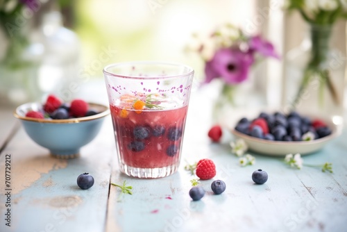 berry juice in clear cup, dewy berries scattered nearby