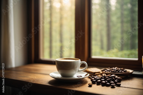 A white mug of hot coffee on wooden table in the morning