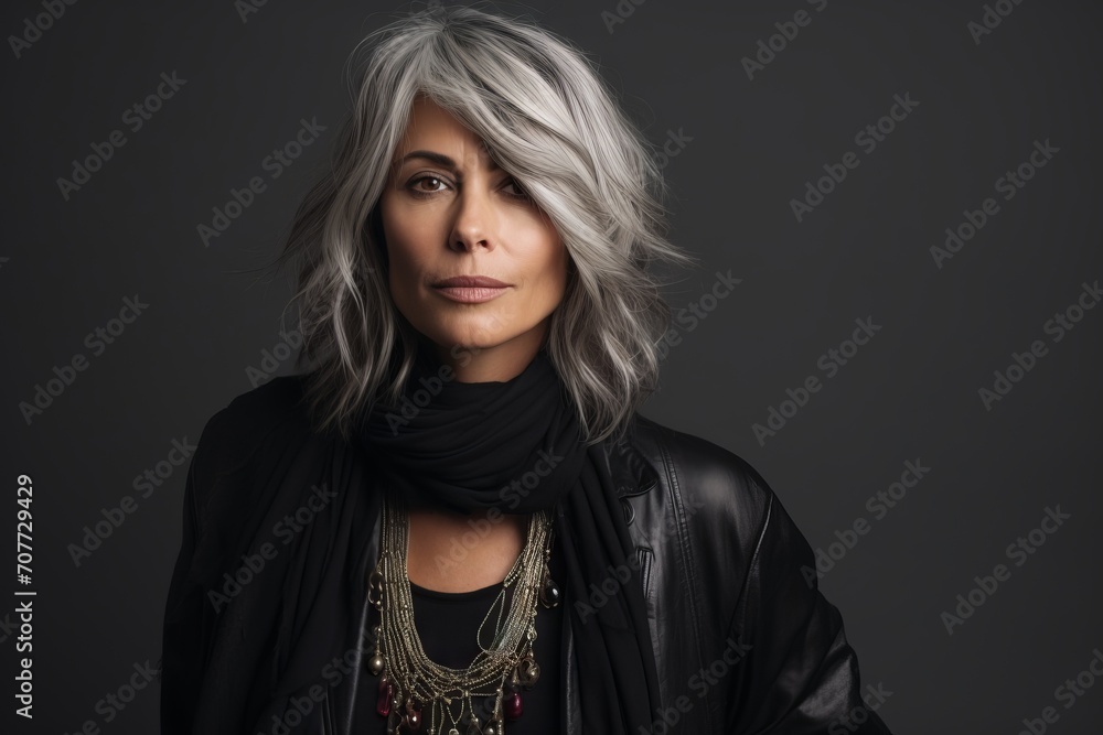 Portrait of a beautiful woman with gray hair and black leather jacket