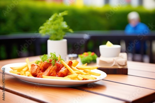 currywurst with fries on a wooden table at outdoor setting