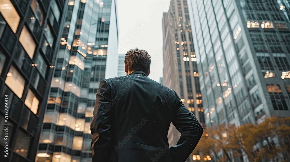 A handsome businessman standing with his back in front of a tall skyscraper building in a modern american city. A handsome businessman standing with his back in front of a tall skyscraper building in a modern american city.