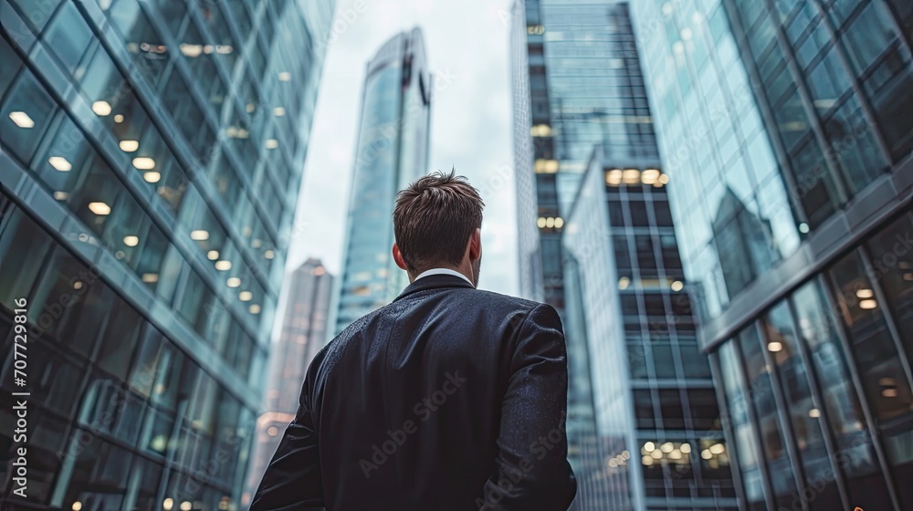 A handsome businessman standing with his back in front of a tall skyscraper building in a modern american city. A handsome businessman standing with his back in front of a tall skyscraper building in a modern american city.