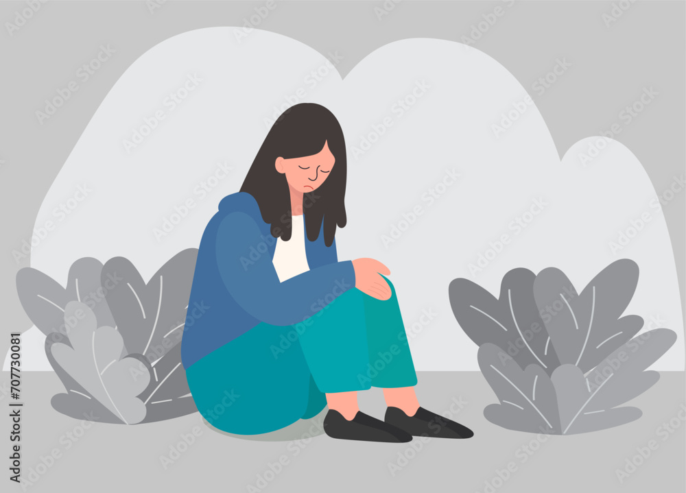 Obraz premium sad woman sitting, depression, sadness on gray background vector