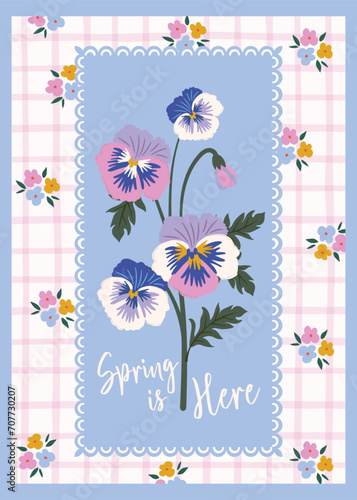 Spring themed card with a text and Pansy flower illustration in a chintz floral and gingham checks background. Cottage-core and farmhouse inspired Card in pastel colors.