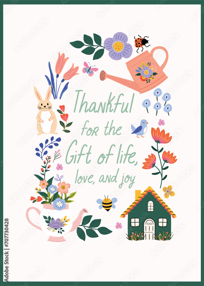 Happy Easter vector card with spring quote. Pretty, cute hand-drawn design of Spring elements featuring rabbit, eggs, spring flowers, bees. Ready to print template for T-shirt design, greeting card.