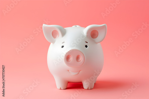 Investment concept - whitet pig shaped moneybox  pink solid color background