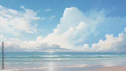 The image is a serene beachscape with clouds and gentle waves.