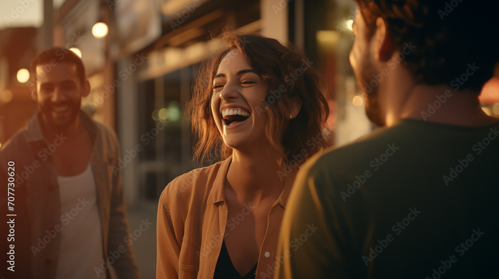 The image captures a woman laughing joyfully with friends in an urban evening setting. The image captures a woman laughing joyfully with friends in an urban evening setting.