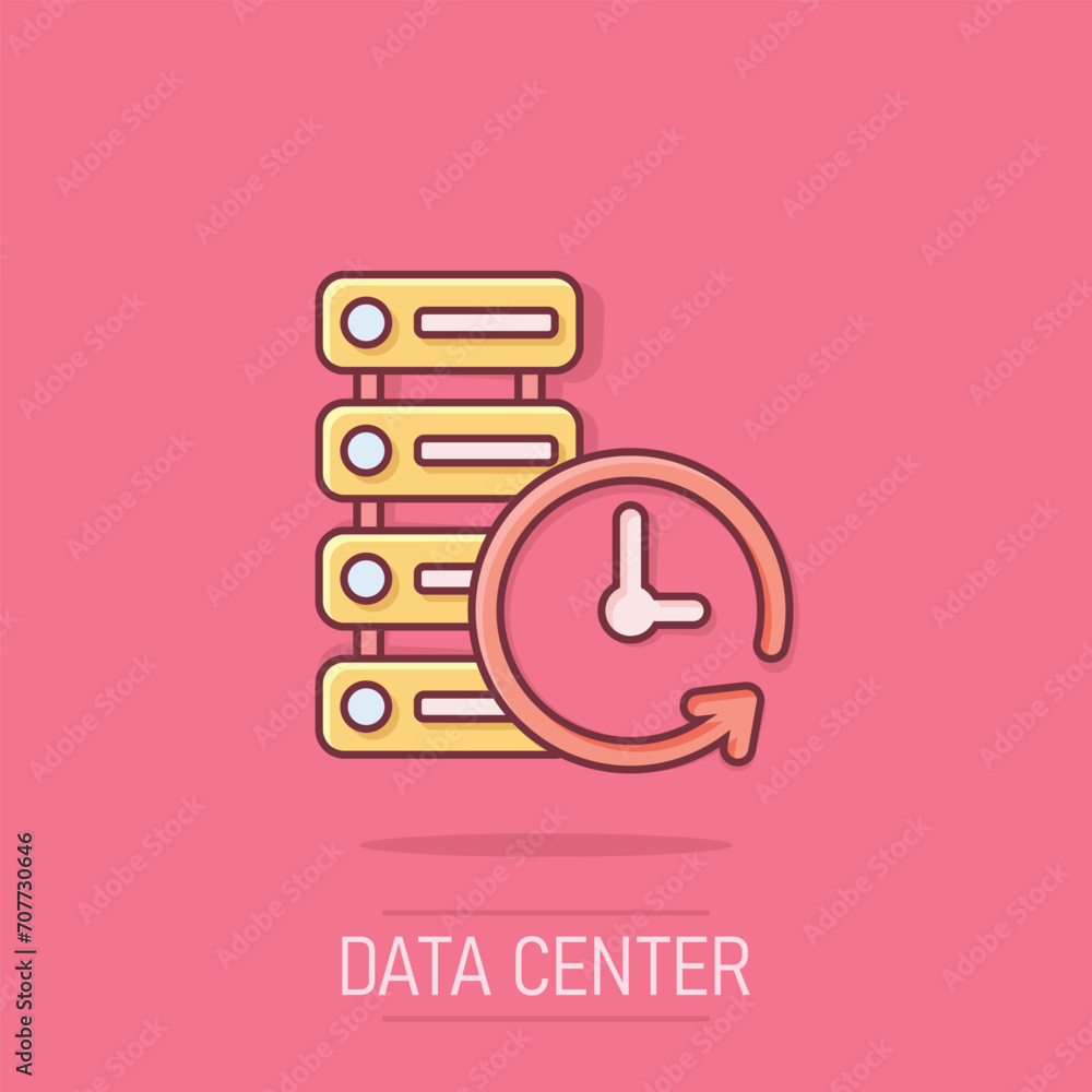 Data center icon in comic style. Clock vector cartoon illustration on white isolated background. Watch business concept splash effect. Data center icon in comic style. Clock vector cartoon illustration on white isolated background. Watch business concept splash effect.