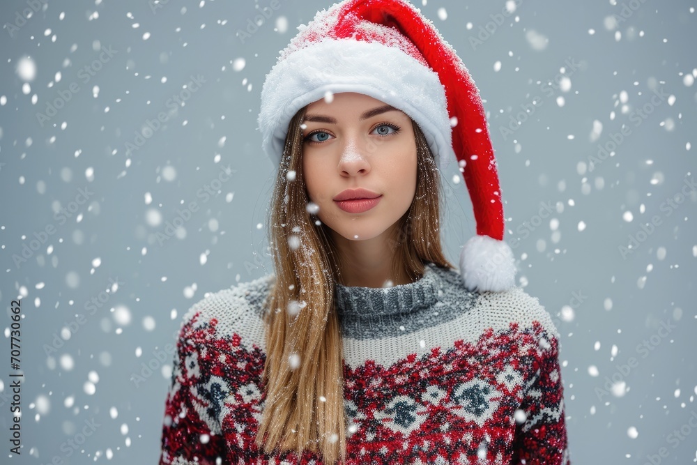 Studio portrait of a young European woman with a festive holiday look, wearing a Santa hat and Christmas sweater, isolated on a winter holiday background Studio portrait of a young European woman with a festive holiday look, wearing a Santa hat and Christmas sweater, isolated on a winter holiday background